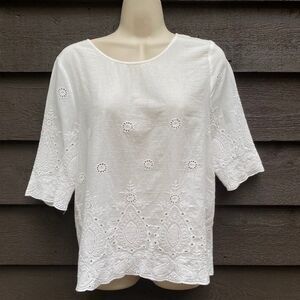 Lipslide White Embroidered Blouse M Cotton Cutwork Floral Cottage Fairy Boho